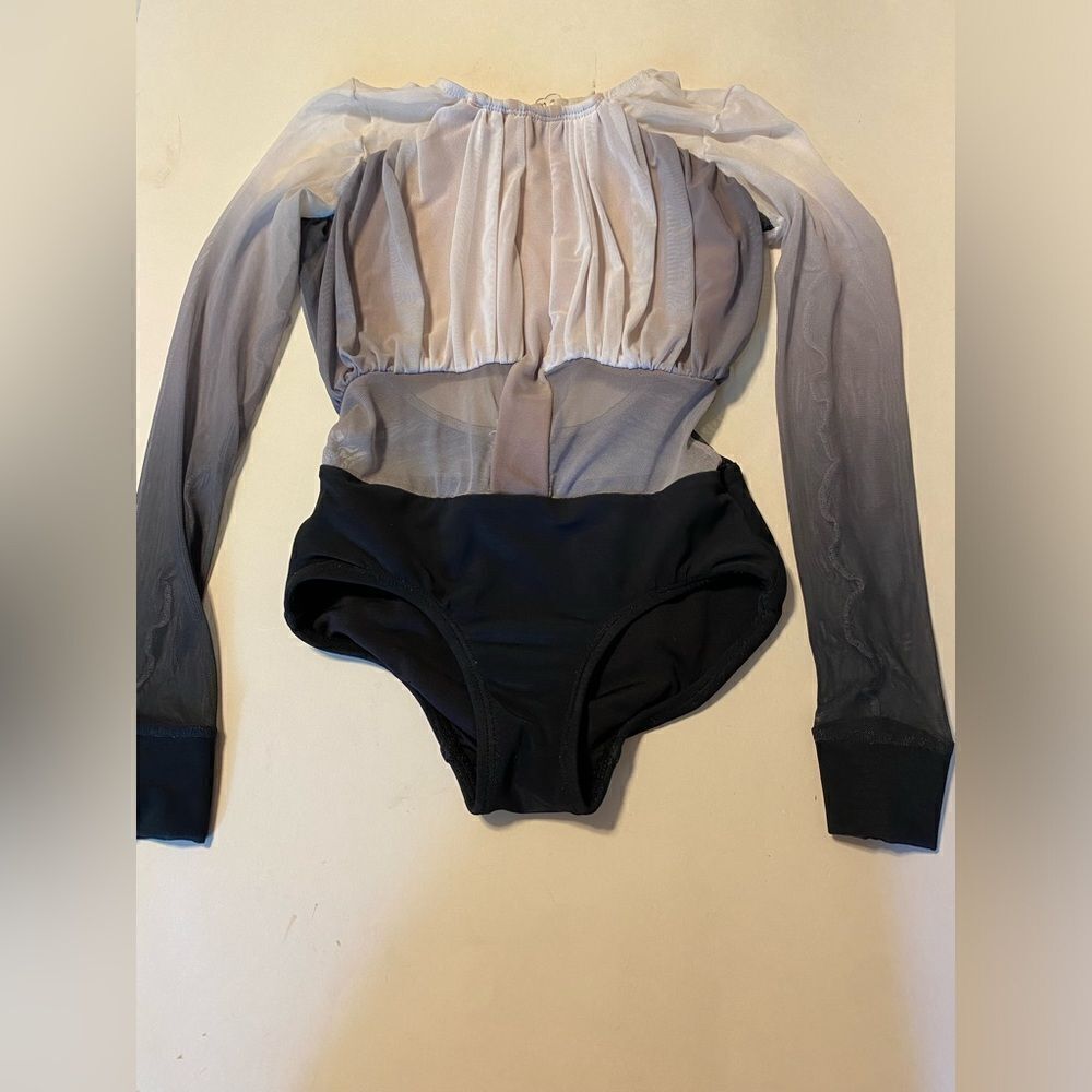 Patrick J designs dance costume black, white, ombre mesh, long sleeve leotard CL
